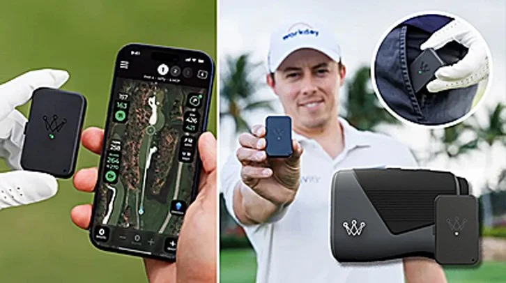 Matt Fitzpatrick hält das Arccos Air in die Kamera, daneben die App auf dem Telefon, der Smart Laser und der Sender am Handschuh