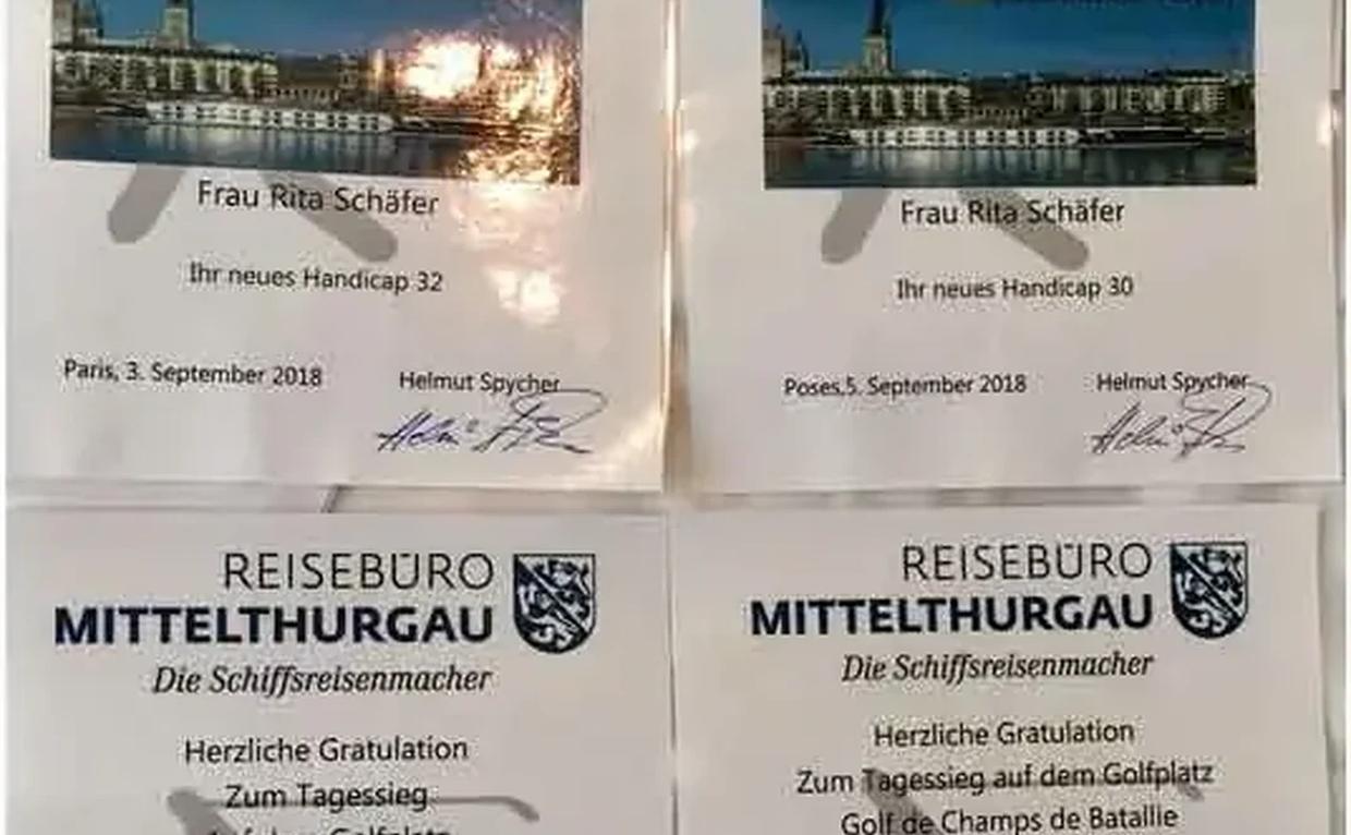Vier Turnierurkunden von Rita Schäfer, September 2018