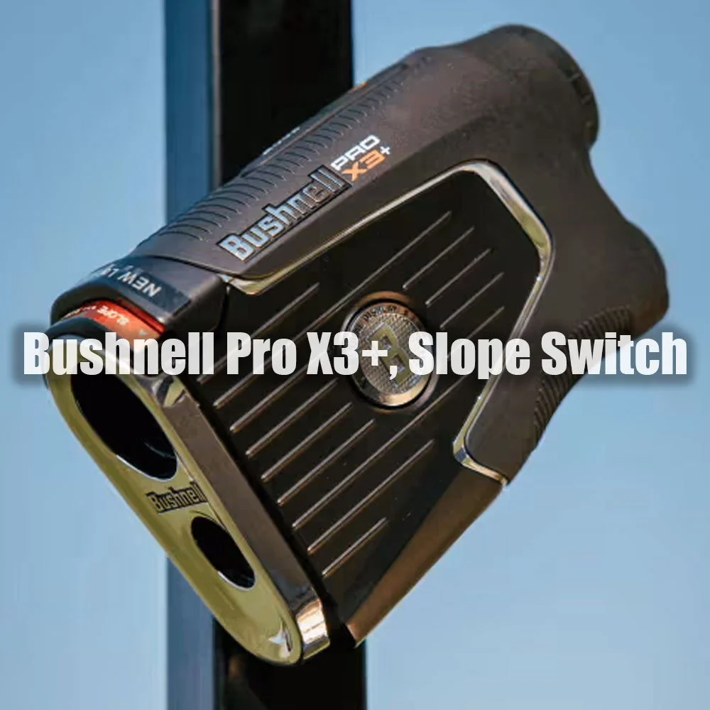 Bushnell Pro X3+ Laser-Entfernungsmesser in Nahaufnahme, magnetisch an einer Stange haftend, mit Slope-Switch-Schalter an der Seite