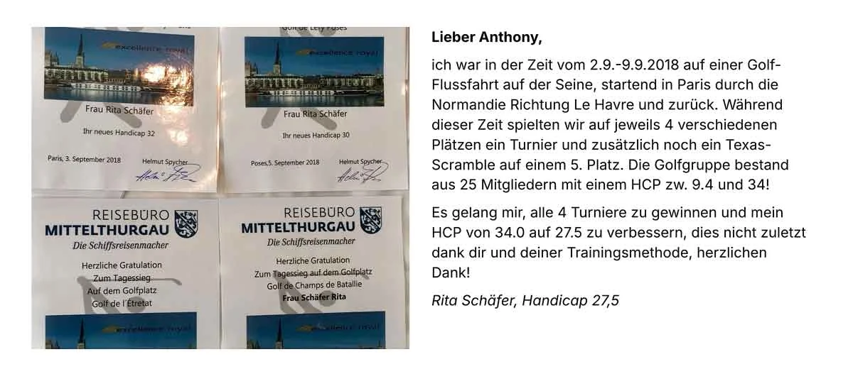 Zuschrift von Rita Schäfer mit vier Turnierurkunden der Golf-Flussfahrt auf der Seine, September 2018