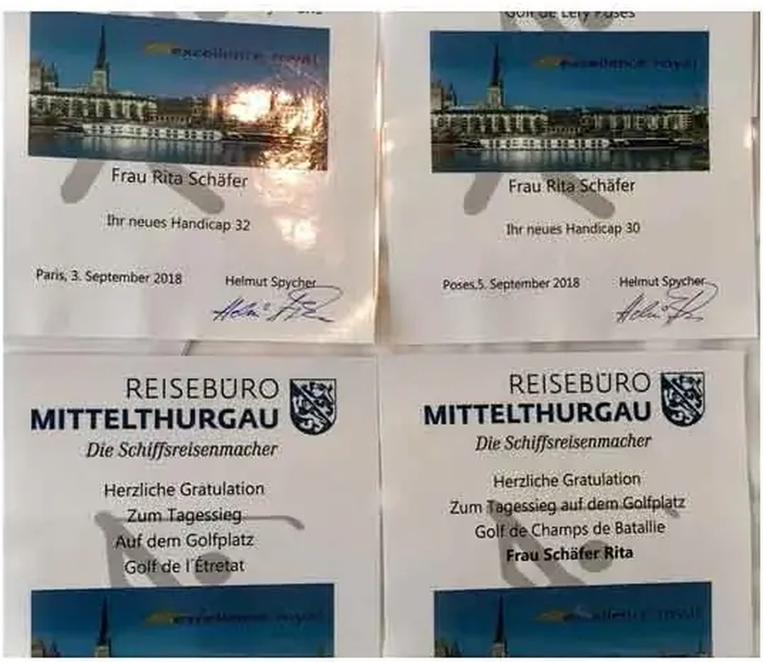 Vier Turnierurkunden von Rita Schäfer aus der Golf-Flussfahrt auf der Seine, September 2018 — zwei Handicap-Bestätigungen und zwei Tagessieg-Urkunden des Reisebüros Mittelthurgau