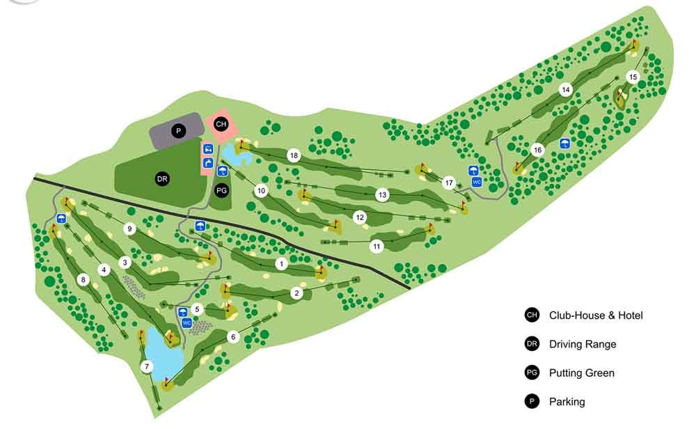 Platzplan Golf-Club Les Bois — 18 Loch mit Clubhaus, Driving Range, Putting Green und Parkplatz