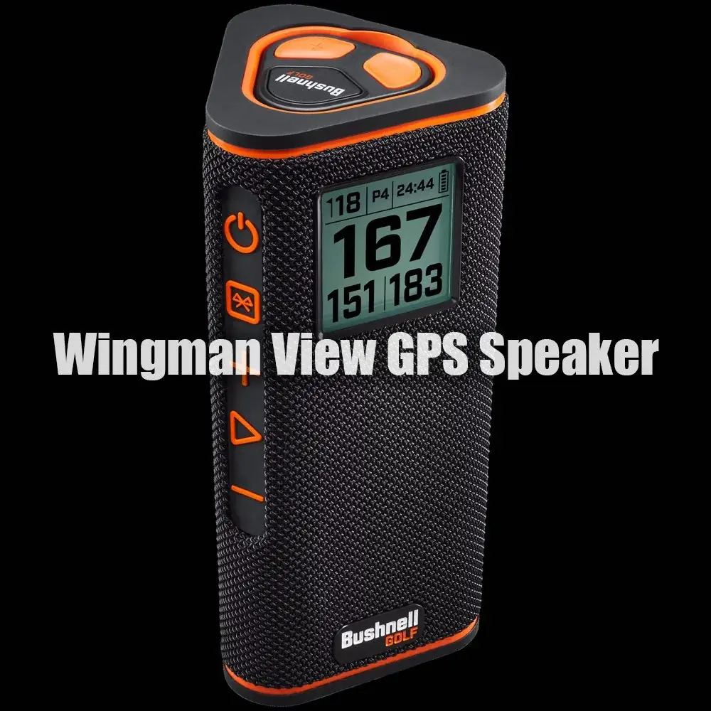 Bushnell Wingman View GPS Speaker in schwarz-orange, stehend, mit Display für die Distanzen zu vorderem, mittlerem und hinterem Grün